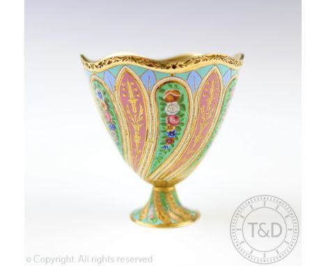 A 19th century Swiss enamelled and gilt metal musical Zarf, Turkish market, externally decorated with alternating enamelled w