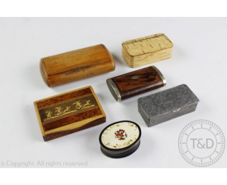A collection of 19th century and later snuff boxes to include a burr wood example with cherub and chariot flip top, 8.5cm wid
