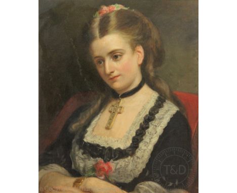 Continental School - 19th century, Oil on canvas, Portrait of a lady in a lace trim black dress with a gold cross necklace, u