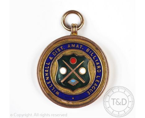 A 9ct gold and enamel Fattorini & Sons Ltd billiard pendant, 'Willenhall & Dist.Amat.Billiard League', verso engraved Willenh