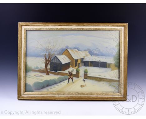 Kathleen M. Pearson (1898-1961), Oil on canvas, View of Collin Farm Worcester with a farmer collecting wood and Spot and Sam 