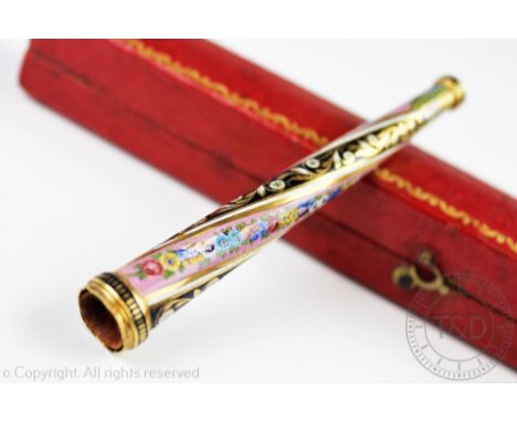 A 19th century European enamelled and gilt metal cigarette holder, decorated with alternating enamelled tapering reserves of 