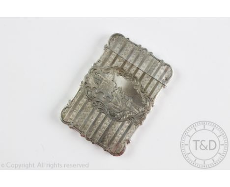 An early Victorian silver card case, Nathaniel Mills, Birmingham 1846, the case of rectangular scroll form engraved centrally