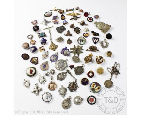 A quantity of assorted badges, fobs and medallions, to include; sporting examples, silver and gold examples, military badges,