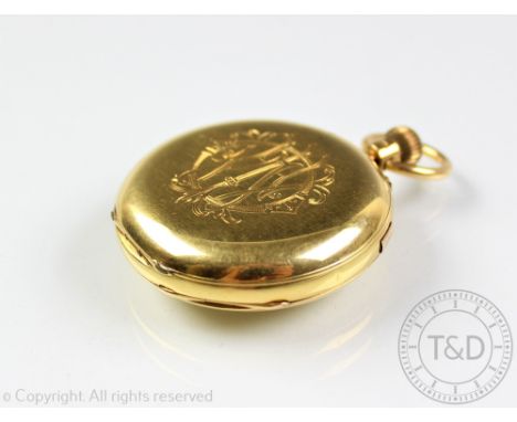 An 18ct gold full hunter pocket watch, the case front with engraved detailing and enclosing an enamel dial with Roman numeral