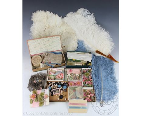 A collection of 1920's and later textiles and dress makers accessories, to include an Art Deco paste set panel / necklace - p
