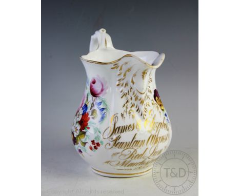 A Victorian Coalport documentary jug, commemorating the marriage of 'James & Elizabeth Fountain atkinson, Red Lion, Macclesfi