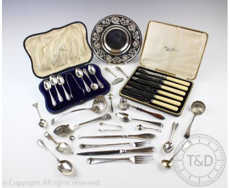 A selection of silver and silver plated flatware, to include; a cased set of six teaspoons and a pair of sugar tongs, Alexand