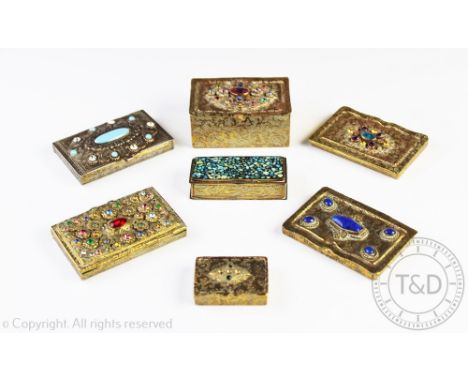 A selection of seven paste and stone set brass cases to include calling card cases, a snuff box and further boxes and covers 