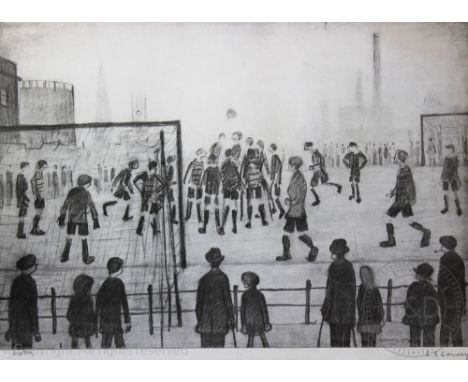 Lawrence Stephen Lowry, Limited edition black and white print, The Football Match, No 217/850, signed and with blind stamp, L