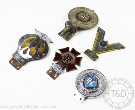 A Royal Automobile Club Association car badge with Shropshire county shield, with an AA badge, an RAC badge, a Order of the R