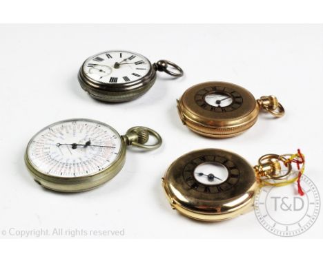 Two gold plated cased half hunter pocket watches, each with white enamel dial and black Roman numerals with subsidiary second