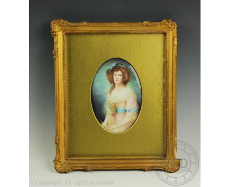 F.Micklewright, Watercolour on oval porcelain plaque, Portrait of a seated young lady, 15.5cm high, Framed and glazed 