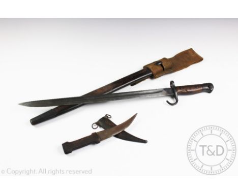 A British hooked quillon bayonet dated 1907 in scabbard, with a 1908 pattern frog; with an Syrian neck dagger, 22cm (2)