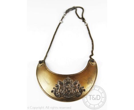 A Dutch military gorget, the crescent shaped brass plate set with the Netherlands Coat of Arms and motto 'Je Maintiendrai', w