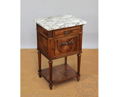 A French carved walnut bedside table, with marble top above a drawer and cupboard door with marble lined interior, with under