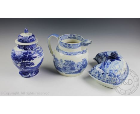 Three 19th century and later blue and white transfer printed pearl ware ceramics comprising; an h'orderves dish and cover, wi