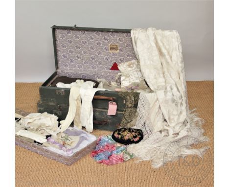 A collection of textiles, to include ladys kid leather gloves and a 1920's ivory coloured floral embroidered bed cover, in tw