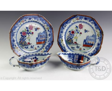 A pair of 18th century Chinese export sauce boats, Qianlong (1736-1795), each in underglaze blue and famille rose enamels dec