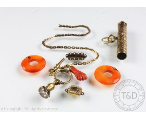 A selection of Georgian and later jewellery, to include; a carved coral 'fist' pendant, a bell shaped turquoise set seal, a w