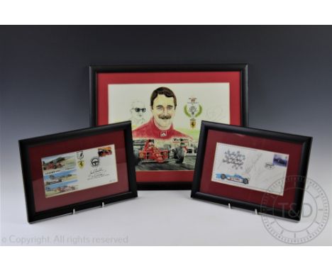 Motor Racing interest: A selection of five signatures to include Jack Brabham OBE and Nigel Mansell, against a print and two 