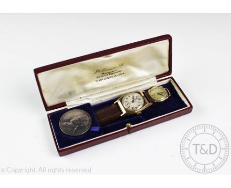 A gentleman's 9ct gold cased wristwatch, J W Benson London, 1937, white enamel dial with black Arabic numerals and subsidiary