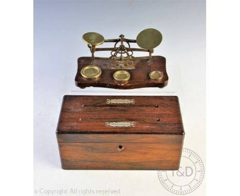 A Victorian rosewood household letterbox, with twin compartmented interior, the cover inlaid with mother of pearl plaques, in