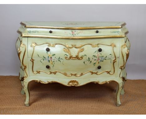 An 18th century style Italian painted commode, of bombe form with two drawers, on scroll legs, 84cm H x 123cm W x 50cm D