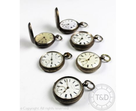 Two silver cased full hunter pocket watches, each with white enamel dial and black Roman numeralsalong with four silver cased