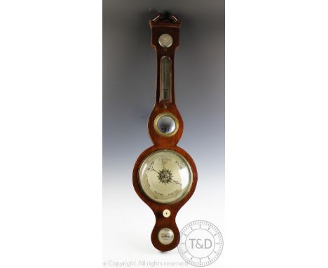 An early 19th century mahogany wheel barometer, with thermometer, mirror and silvered dial, 97.5cm