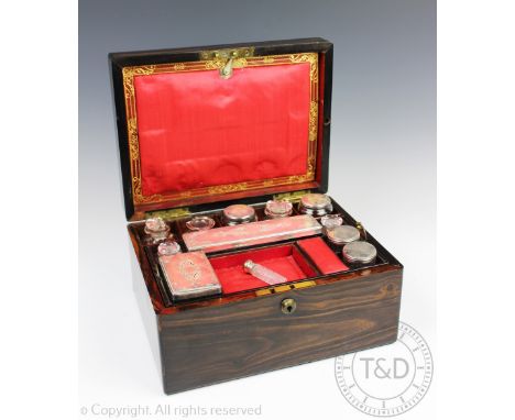 A Victorian coromandel and mother of pearl inlaid lady's toilet case,  the cover with inset plaque engraved 'Margaret', enclo
