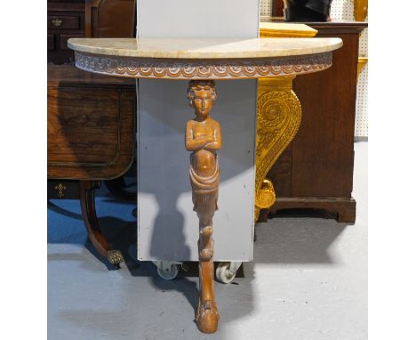 A MATCHED PAIR OF ITALIAN MARBLE TOPPED CONSOLE TABLES (2)Each on limed figural supports, 88cm wide; 45cm deep; 87cm highGood