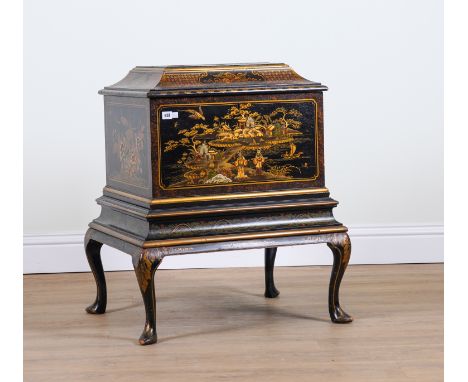 AN EARLY 20TH CENTURY BLACK LACQUER CHINOISERIE DECORATED LIFT TOP CHEST ON STAND70cm wide; 60cm deep; 82cm highCondition rep