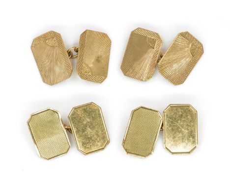TWO PAIRS OF 9CT GOLD CUFFLINKS (2)Comprising; a pair with cut cornered rectangular backs and fronts, engine turned to one si