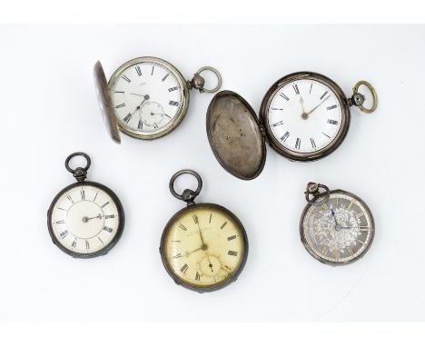 FIVE MOSTLY SILVER KEY WIND WATCHES (5)Comprising; a hunting cased pocket watch, the fusee movement detailed SAML SIMMS, CHIP