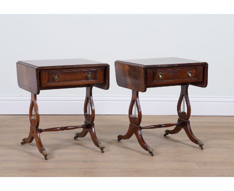 A PAIR OF SMALL REGENCY STYLE  MAHOGANY SINGLE DRAWER SOFA TABLES (2)On lyre supports, 46cm wide; 73cm wide open; 38cm deep; 