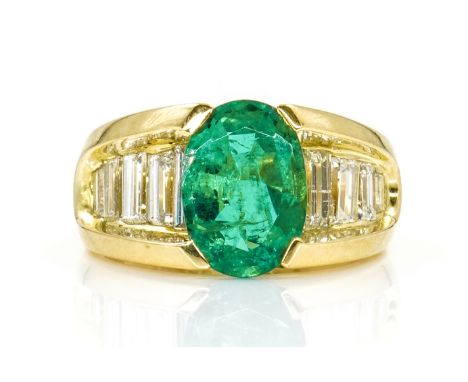 A YELLOW GOLD, EMERALD AND DIAMOND RINGClaw set with the oval cut emerald at the centre, between baguette diamond set five st