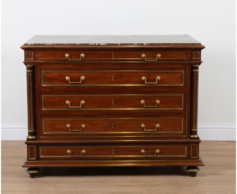 A LATE 19TH CENTURY FRENCH MARBLE TOP COMMODEWith brass mounted mahogany five drawer base, 130cm wide; 56cm deep; 100cm highF