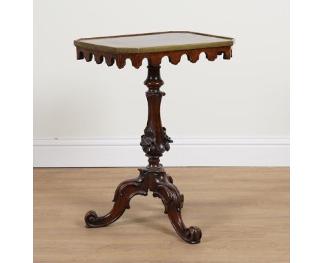 A VICTORIAN BRASS BOUND MAHOGANY OCCASIONAL TABLEOn carved tripod base, 54cm wide; 40cm deep; 74cm high