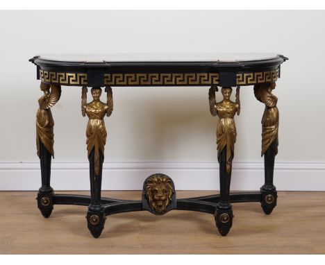 AN EMPIRE REVIVAL MARBLE TOPPED CONSOLEOn ebonised gilt metal mounted winged caryatid supports, 113cm wide; 39cm deep; 76cm h