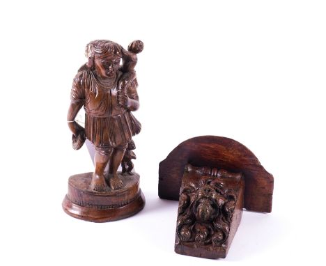 A GROUP OF CARVED PANELS, BRACKETS AND A FIGURE OF SAINT CHRISTOPHER (6)Comprising a 19th Century oak relief carved figural s