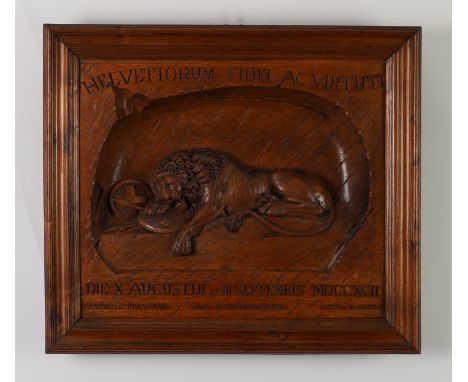 A CONTINENTAL RELIEF CARVED PANEL OF THE LION OF LUCERNE AFTER BERTEL THORVALDSENLate 19th Century  The panel with carved fra