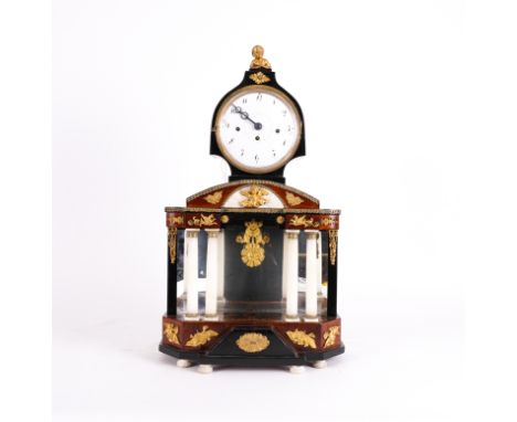 AN AUSTRIAN ORMOLU MOUNTED WALNUT AND WHITE MARBLE ARCHITECTURAL QUARTER STRIKING MANTEL CLOCK19th Century  With drum case ab