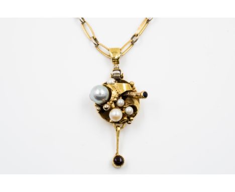 A GOLD, CULTURED PEARL AND GEM SET PENDANT WITH A GOLD NECKCHAIN (2)The pendant of abstract design, mounted with five culture