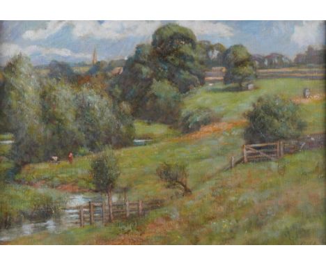 C*** N*** K*** (2)Cattle by a stream signed with initials oil on canvas-board together with Harvest Time, oil on canvas, by N
