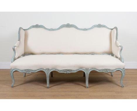 A 19TH CENTURY VENETIAN BLUE PAINTED SHAPED WINGBACK SOFA189cm wide; 103cm high