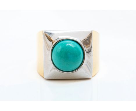 A YELLOW AND WHITE GOLD AND AMAZONITE SINGLE STONE RINGThe circular cabochon amazonite mounted on a square ground, detailed 7