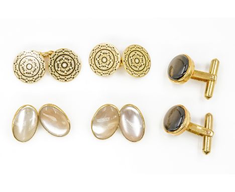 THREE PAIRS OF CUFFLINKS (3)Comprising; a pair of gold and moonstone cufflinks, the oval backs and fronts detailed 18, a pair