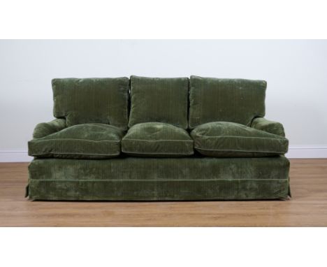 DUDGEON LONDON; A GREEN UPHOLSTERED THREE SEAT SOFA215cm wide; 75cm highProvenance: A House on Belgrave Square - Part I&nbsp;