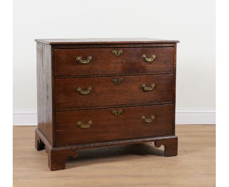 A 19TH CENTURY OAK CHEST OF THREE DRAWERSOn bracket feet, 95cm wide; 85cm high; 58cm deepGood overall condition, old marks an